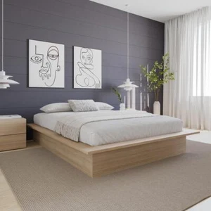 Nexera Platform Bed Queen Size Minimalist Extra-Wide Engineered Wood Frame Beige - Picture 1 of 9