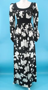Vtg Women's 70s Black & White Olga Butterfly Print Maxi Dress XXS/XS 1970s - Picture 1 of 24