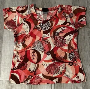 Baby Phat Women Scrub Top Short Sleeve Pink & Brown Floral V Neck Pockets Small - Picture 1 of 4