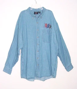 Wms 2XL Denim Button Down Hemd Tasche Herzen Stern Langarm Outrageous Sports - Bild 1 von 5