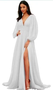 White Long Sleeve Chiffon Wedding Dress 24w 24 Plus Size - Picture 1 of 4