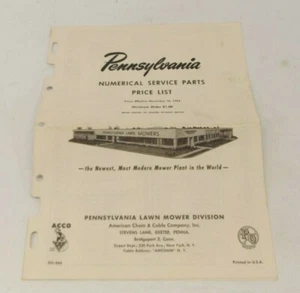 Vintage Pennsylvania Lawn Mowers Numerical Service Parts Price List 1953 - Picture 1 of 1