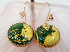 Dainty Dangling Earrings, Green Glass With Gold Leafs, Fused Glass Jewelry