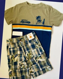 NWT Boys 5 Gymboree ‘GONE SURFIN’ 2pc Cotton MADRAS Olive/Blue SHORTS+TOP . RARE - Picture 1 of 7