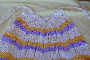 Child Size Hand Crocheted Apron Creamy White Purple & Yellow -- Trim Threads - Picture 1 of 12