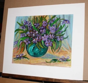 Original Acryl auf Papier von Emilio Pica Blumenstillleben lila Blumen - Bild 1 von 4