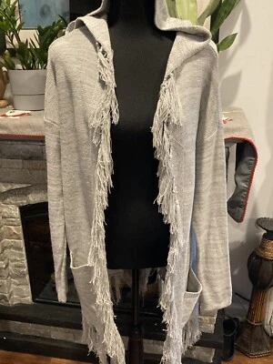 Willow & Clay Cottage Boho Peasant Front & Hem Fringe Gray Hooded Cardigan Sz M - Image 1 of 4