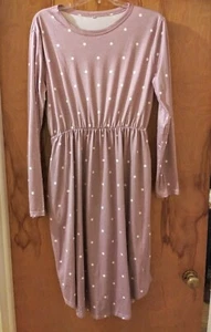 Pastel Mauve Purple Women's Long Sleeve Midi Dress White Polka Dots Large - Picture 1 of 4