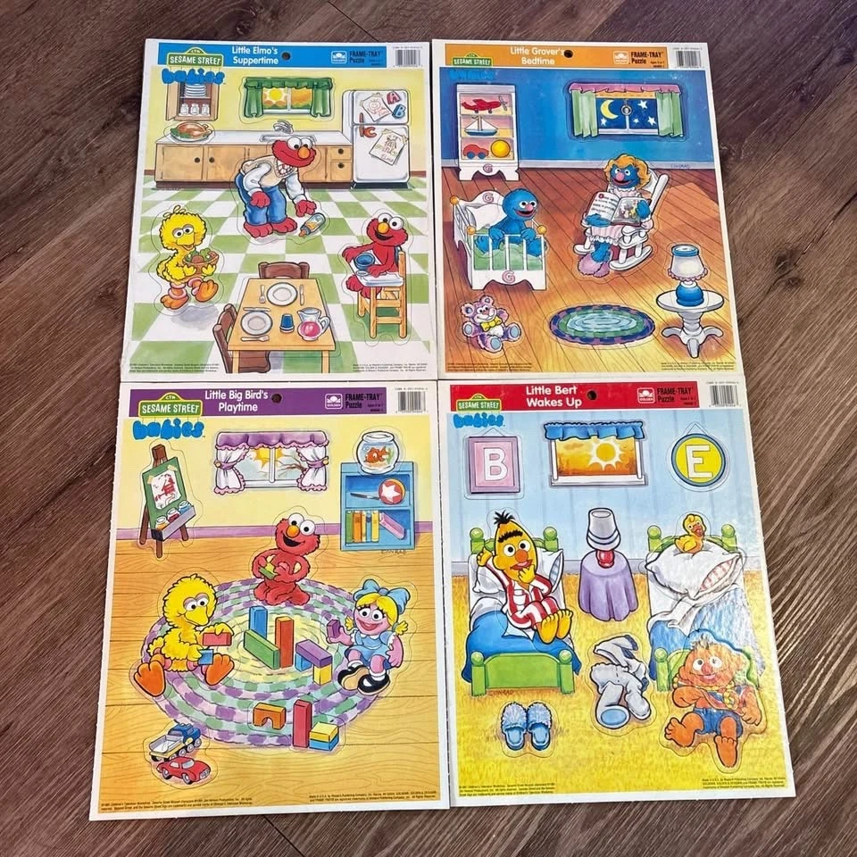 1991 Vintage Cardboard Sesame Street Babies Frame Tray Puzzles Golden Lot of 4  - Image 1 of 4