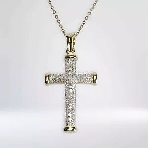 Ciondolo e catena croce con vero diamante 0,12 ct - oro massiccio 9 ct - 4,7 grammi - 37 x 18 mm - Foto 1 di 4
