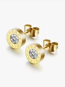 1pair Mens Gold Stud Round Rhinestone Decor Stainless Steel Earrings Birthday - Picture 1 of 3