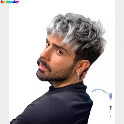 男式短灰色假发天然蓬松合成头发假发耐热角色扮演 — 第 1/4 张图片