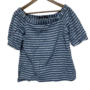 Top Lauren Ralph Lauren para mujer S azul a rayas fuera del hombro mezcla de lino texturizado - Imagen 1 de 7
