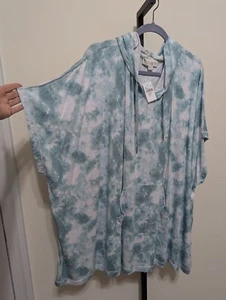 Koolaburra by UGG Green/White Tie-Dye Hooded Poncho Short Sleeve Tunic Size M/L - Picture 1 of 12