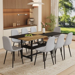 Table & Chair Set Wooden & Black Spliced Dining Table w Storage Fabric Chairs - Picture 1 of 22
