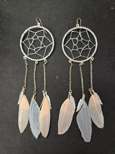 Dreamcatcher Drop Earrings with Dangle Feathers Pink, Blue, & Silver - Picture 1 of 3