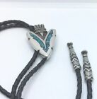 Southwestern Bolo Tie Arrowhead Turquoise Chip Inlay Silver Tone Leather Cord