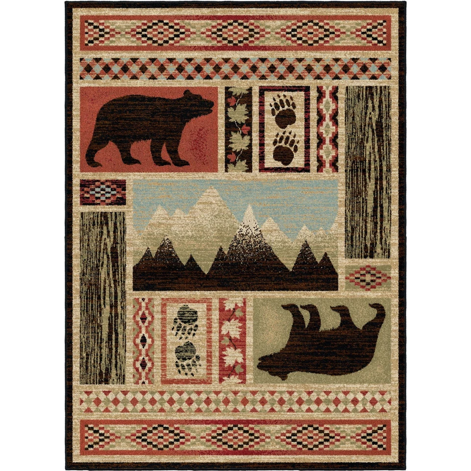 Aspen Round Area Rug Lodge Cabin Bear Paw Black Red Green *FREE SHIPPING* - Image 1 of 1