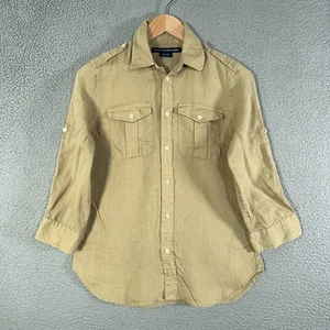 Vintage Ralph Lauren Linen Safari Shirt Womens 4 / Small Tan Roll Tab Sleeve Y2K - Picture 1 of 13