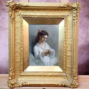 Attrib. EDUARDO TOFANO (1838-1920) Dipinto olio cornice dorata "Ragazza in abito bianco" - Foto 1 di 16