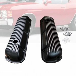 Black Nostalgic Finned Short Valve Covers Fit Ford SBF 260 351W 1964-1973 - Bild 1 von 5