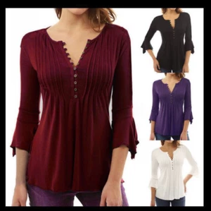 Summer Women's Pleated Solid Color Three-quarter Flared Sleeve V-neck T-shirt - Picture 1 of 37