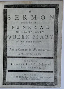 Funeral Sermon of Queen Mary II 1695 Westminster Abbey Tenison Purcell RARE - Picture 1 of 10