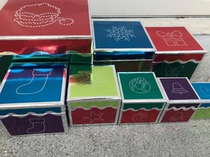 Set of 7 Elegant Decorative Holiday Themed Multicolor Nesting Gift Boxes w Lids - Picture 1 of 6