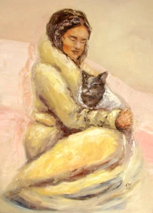 Girl with Cat Original Oil Painting Homewarming Wall Art Canvas 18x24 inches - Picture 1 of 4