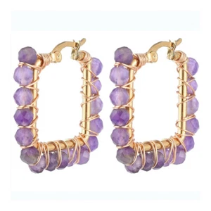 201 Stainless Steel Hoop Earrings Natural Agate Bead Rectangle Gold A178 - Picture 1 of 11