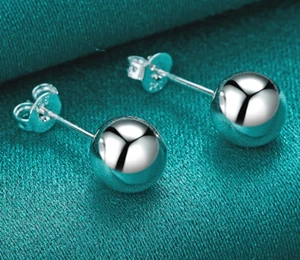 925 Sterling Silver Round Smooth Solid Bead Ball Stud Earrings - Picture 1 of 3