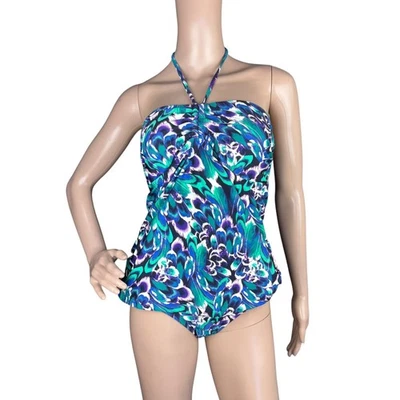 Traje de baño Tankini halter con estampado de plumas azul verde XL Converse One Star para mujer Foto 1 de 4