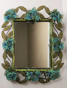 Beaded Flower Standing Mirror Vintage India Purple Blue Rectangular Vanity 90’s - Picture 1 of 24