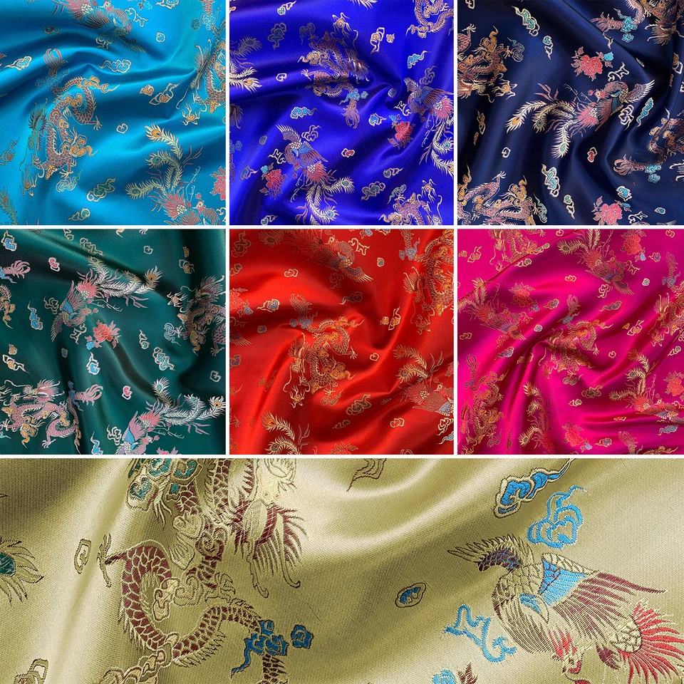 Brocade Chinese Dragon Embroidered Silky Satin Oriental Fabric | 36" - 90cm Wide - Image 1 of 1
