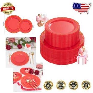Heavy Duty 100PCS Red Disposable Plates for Weddings & Parties – Gold Rim Finish - Picture 1 of 11