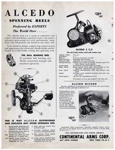 Carretes de pesca Alcedo 1954 anuncio impreso volante Nueva York antiguo aparejo de pesca hombre cueva - Imagen 1 de 2