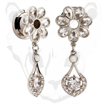 Rhinestone Bridal Ear Plug Earrings Gem Steel Lotus Dangle Pendant Flower Opal - Image 1 of 3