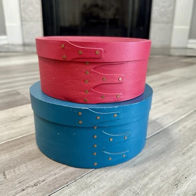 2 Shaker Style Round Wooden Painted Lidded Stacking Nesting Boxes 6” And 7” - Image 1 of 4