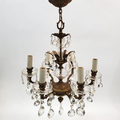 Chandier rococó vintage estilo francés latón y cristal 6 brazos 20" funcionando Foto 1 de 4