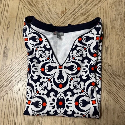 Top de manga larga Talbots para mujer talla pequeña azul marino blanco naranja estampado geométrico Foto 1 de 4