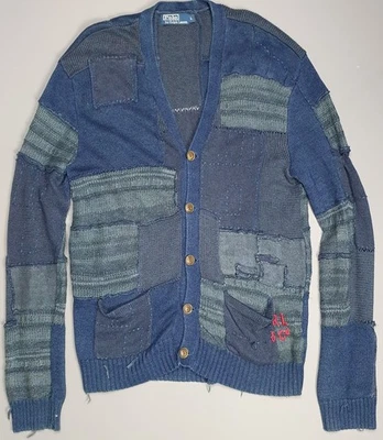 Mens Ralph Lauren Patchwork Cardigan Size Large Knitted Top Distressed Blue - Image 1 of 4