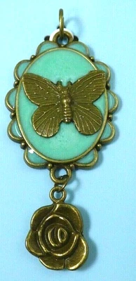 Butterfly and Rose Pendant Aqua Enamel Plastic Bronze Tone Hancock Fabrics  - Image 1 of 4