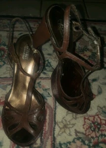 Exchange by Charles David Lava Dark Brown Leather T-strap Platform Heels Sz 7M - Picture 1 of 6