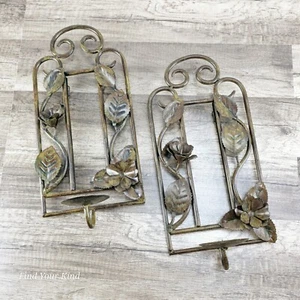 ANTIQUE HEAVY IRON Wall Sconce Candle Holders set of 2-ROSES + LEAVES decor-Home - Picture 1 of 5
