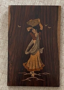 Vintage MID CENTURY Inlaid Wood MARQUETRY India GIRL WITH BASKET - Picture 1 of 2