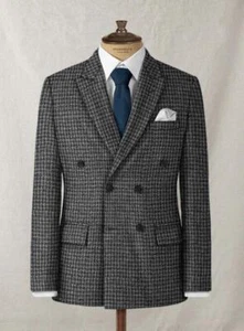Hombres Traje Pata de Gallo Tweed Doble Pecho Blazer Baile de graduación Novio Esmoquin Traje Personalizado - Imagen 1 de 9