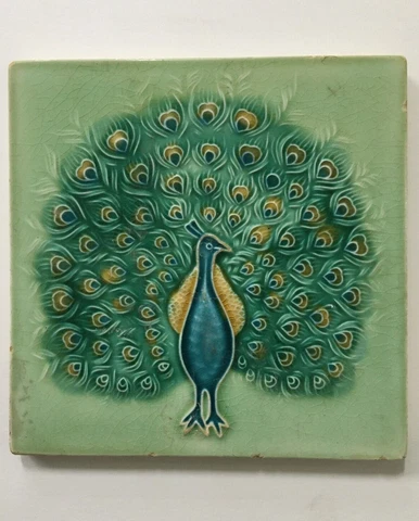 Vintage Majolica Tile DANCING PEACOCK 6in x 6in Japan (9841) Cover