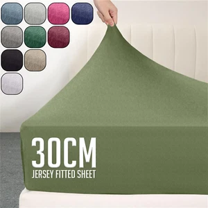 Cotton Jersey Fitted Sheet 30cm Deep Soft Hotel Bedding Single Double King Sizes - Picture 1 of 62