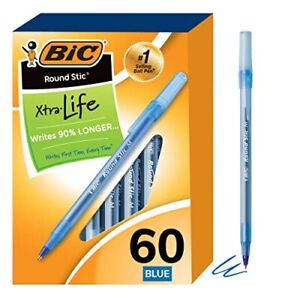 BIC Round Stic Xtra Life Blue Ballpoint Pens Medium Point 1.0mm 60-Count Pack...