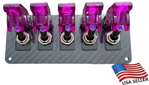 5 Hole Real Carbon Fiber Panel w/5 purple LED Toggle Switches w PURPLE Covers - Picture 1 of 7
